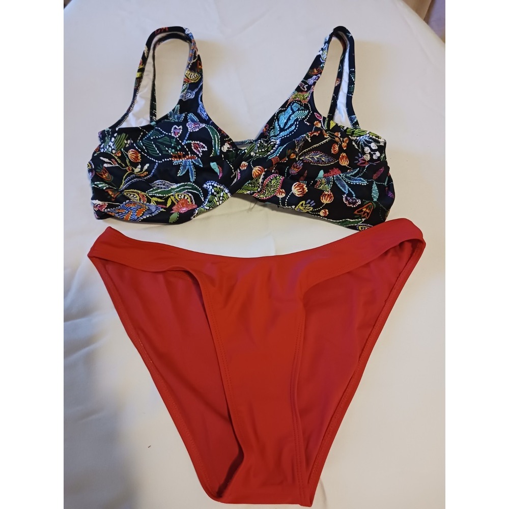 venus large Criss Cross black floral Bikini top xl Xhilaration Red Bottoms L